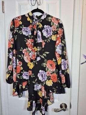 Cha Cha Vente Whimsigoth Floral Bow Blouse High Low Tunic Top